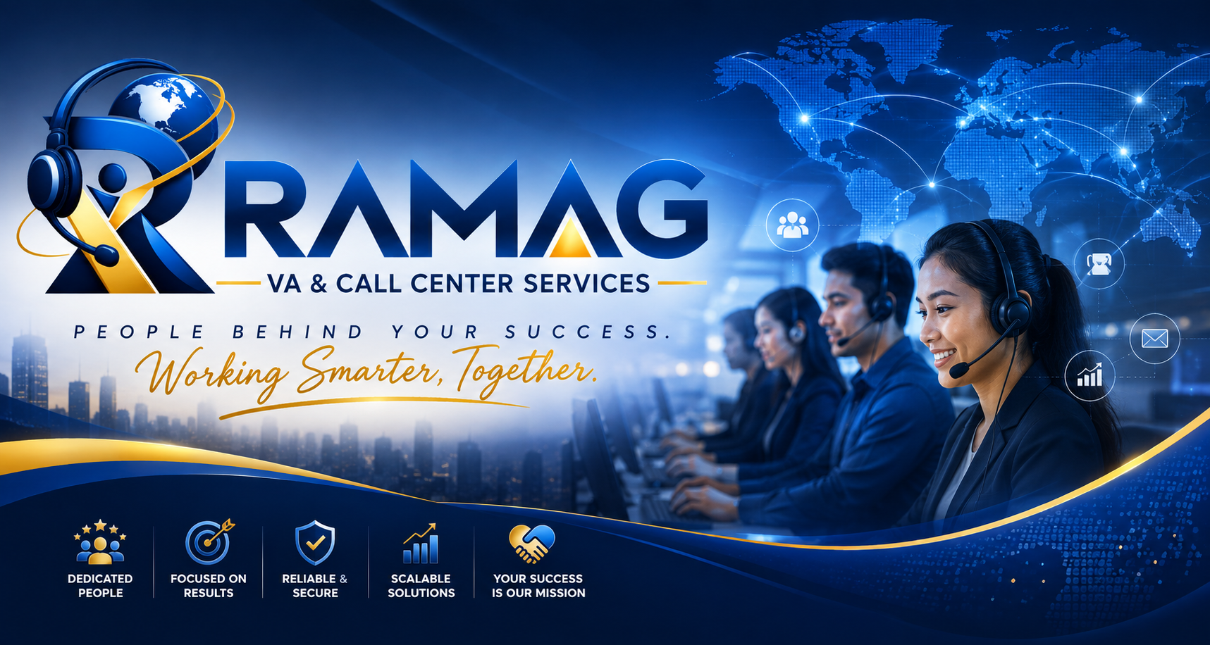 RAMAG call center agents wearing headsets supporting clients around the world
